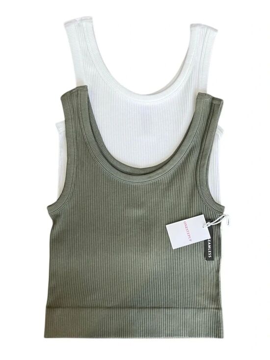 One Step Up Tops - Tank Top Set Bundle Ribbed Cropped Green White Size S/M